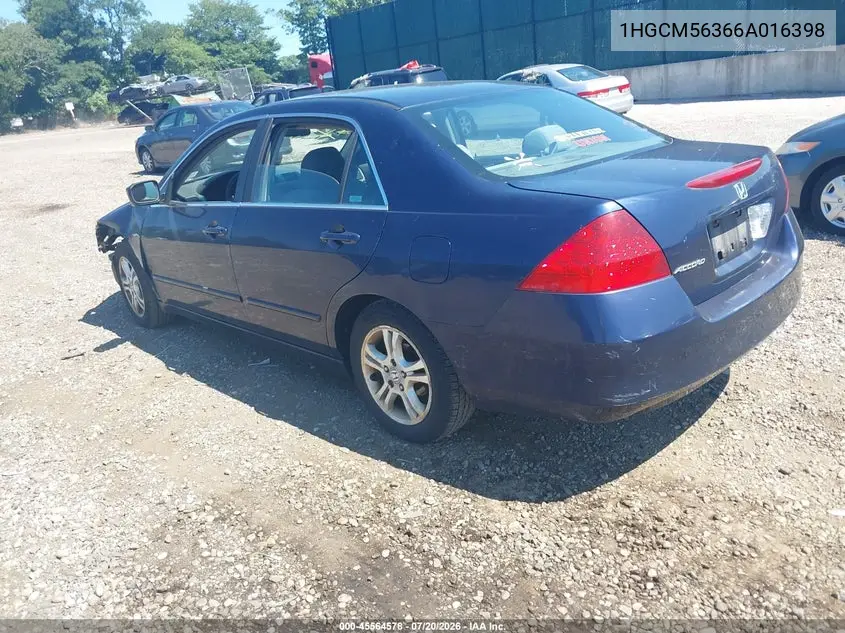 2006 Honda Accord 2.4 Se VIN: 1HGCM56366A016398 Lot: 45564578