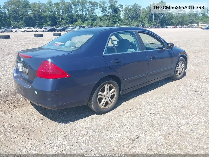 2006 Honda Accord 2.4 Se VIN: 1HGCM56366A016398 Lot: 45564578