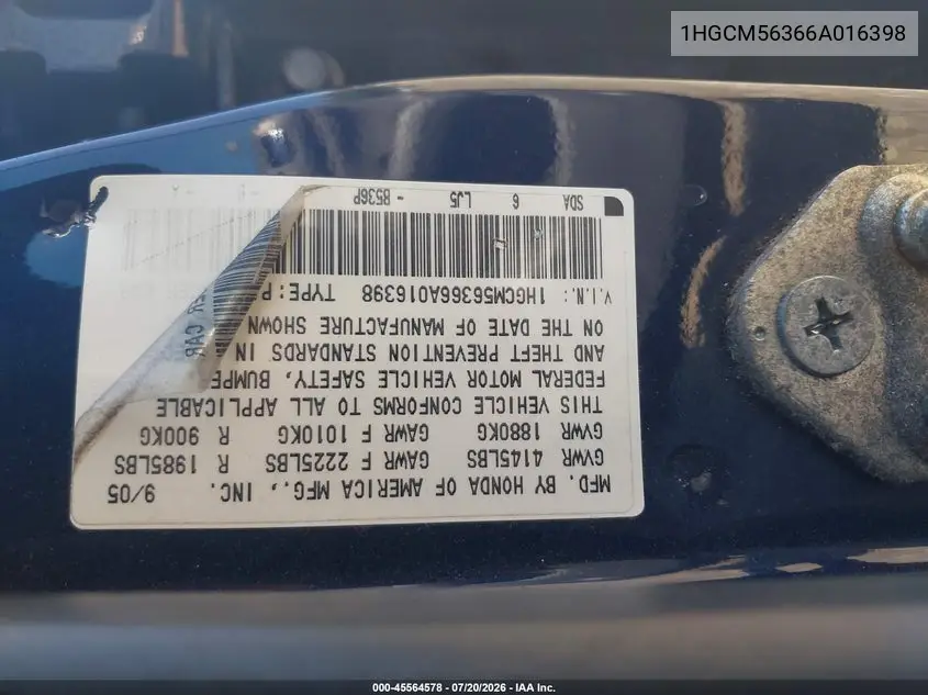 2006 Honda Accord 2.4 Se VIN: 1HGCM56366A016398 Lot: 45564578