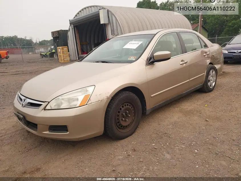 2006 Honda Accord 2.4 Lx VIN: 1HGCM56406A110222 Lot: 45646926