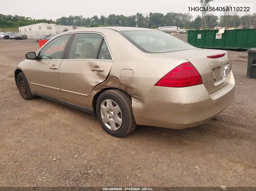 2006 Honda Accord 2.4 Lx VIN: 1HGCM56406A110222 Lot: 45646926
