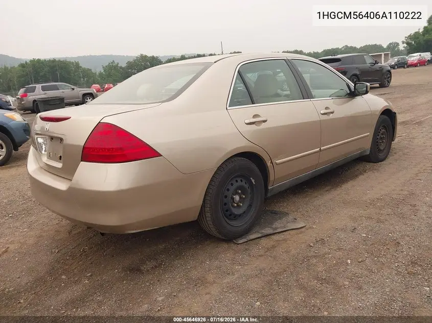 2006 Honda Accord 2.4 Lx VIN: 1HGCM56406A110222 Lot: 45646926