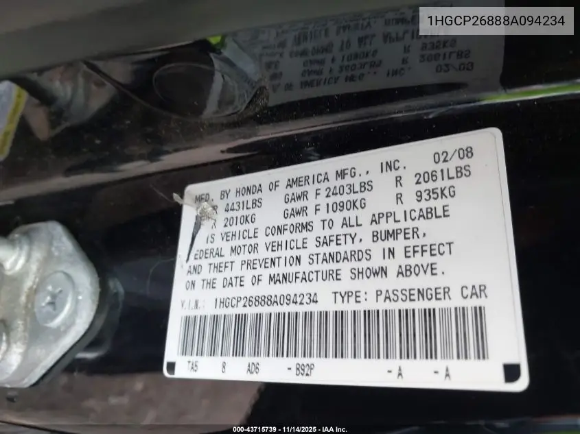 1HGCP26888A094234 2008 Honda Accord 2.4 Ex-L