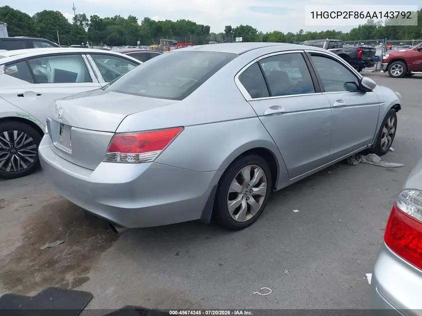 2010 Honda Accord 2.4 Ex-L VIN: 1HGCP2F86AA143792 Lot: 45674345