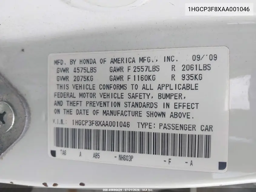 2010 Honda Accord 3.5 Ex-L VIN: 1HGCP3F8XAA001046 Lot: 45690429
