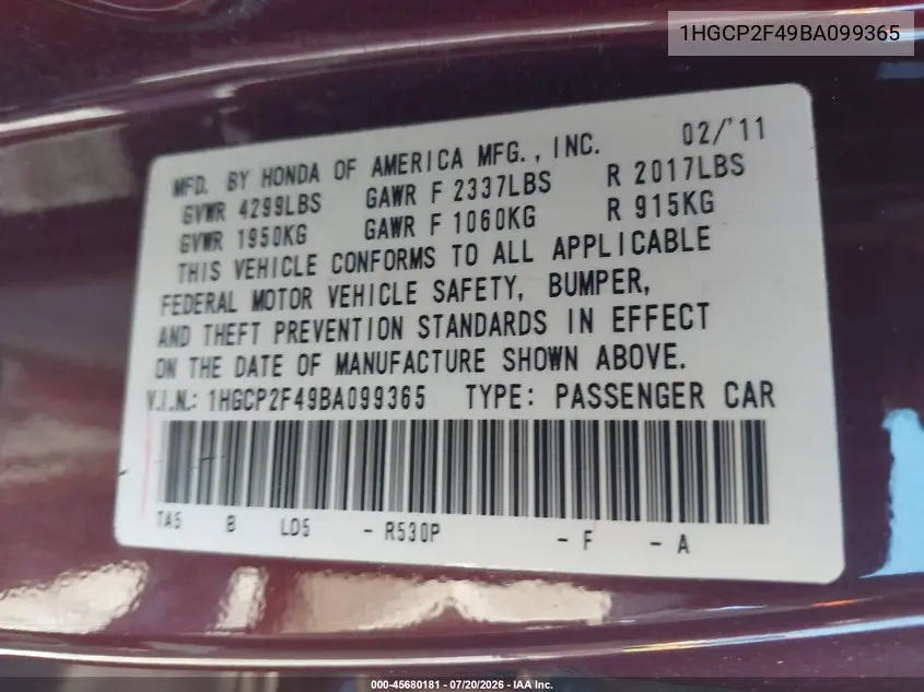 2011 Honda Accord 2.4 Lx-P VIN: 1HGCP2F49BA099365 Lot: 45680181