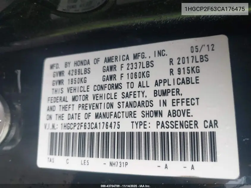 1HGCP2F63CA176475 2012 Honda Accord 2.4 Se
