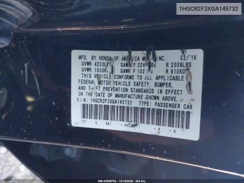 1HGCR2F3XGA145732 2016 Honda Accord Lx