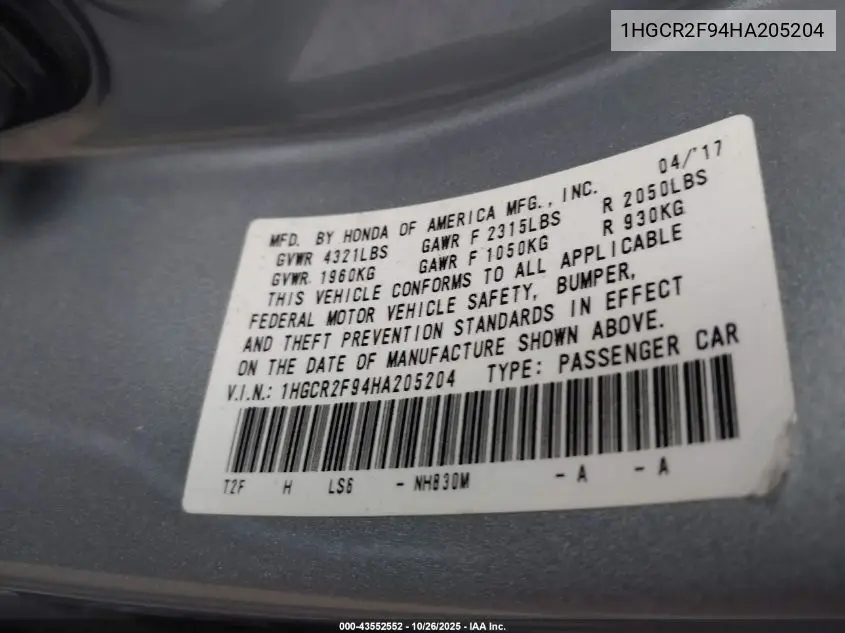 1HGCR2F94HA205204 2017 Honda Accord Ex-L