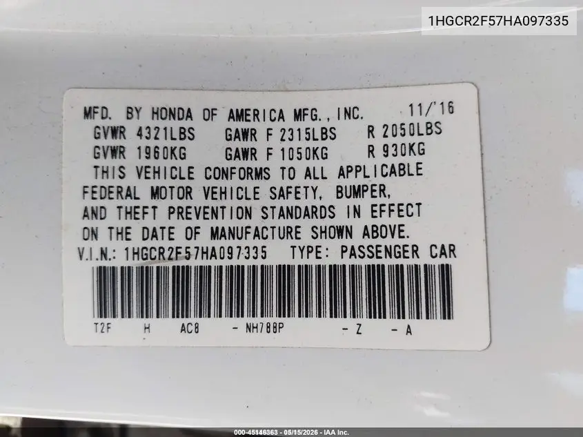 1HGCR2F57HA097335 2017 Honda Accord Sport