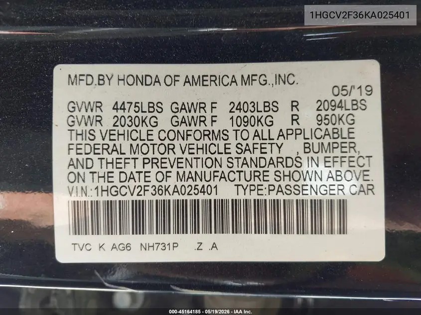 1HGCV2F36KA025401 2019 Honda Accord Sport 2.0T