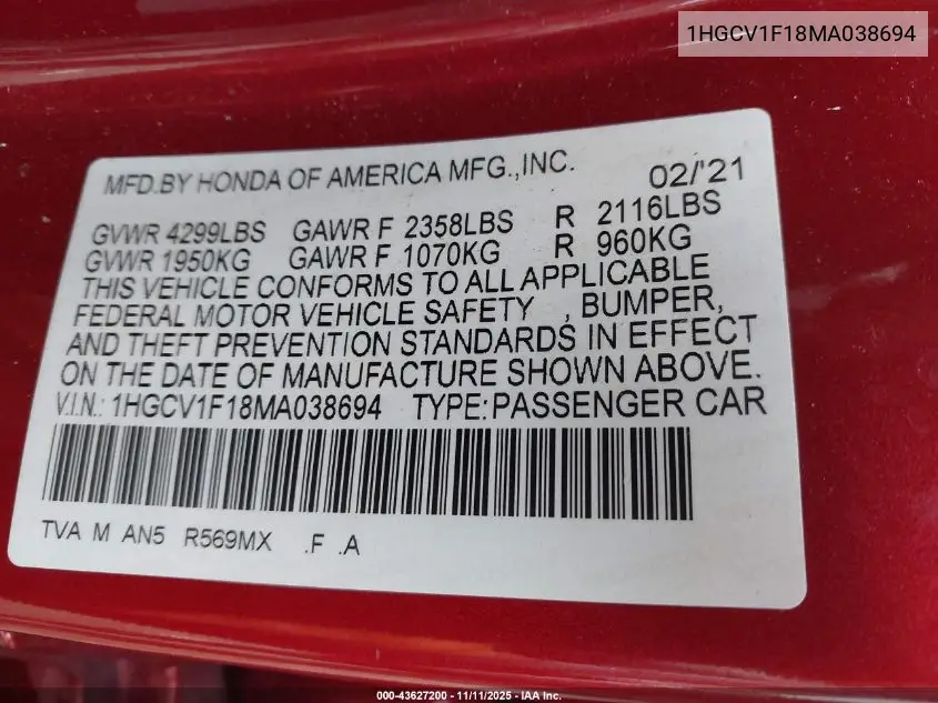 1HGCV1F18MA038694 2021 Honda Accord Lx