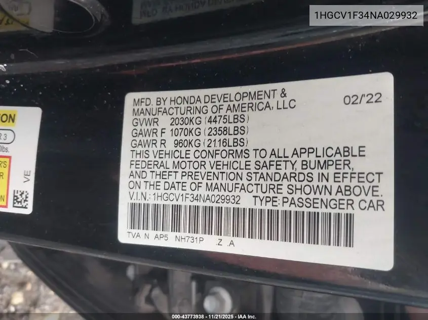 1HGCV1F34NA029932 2022 Honda Accord Sport