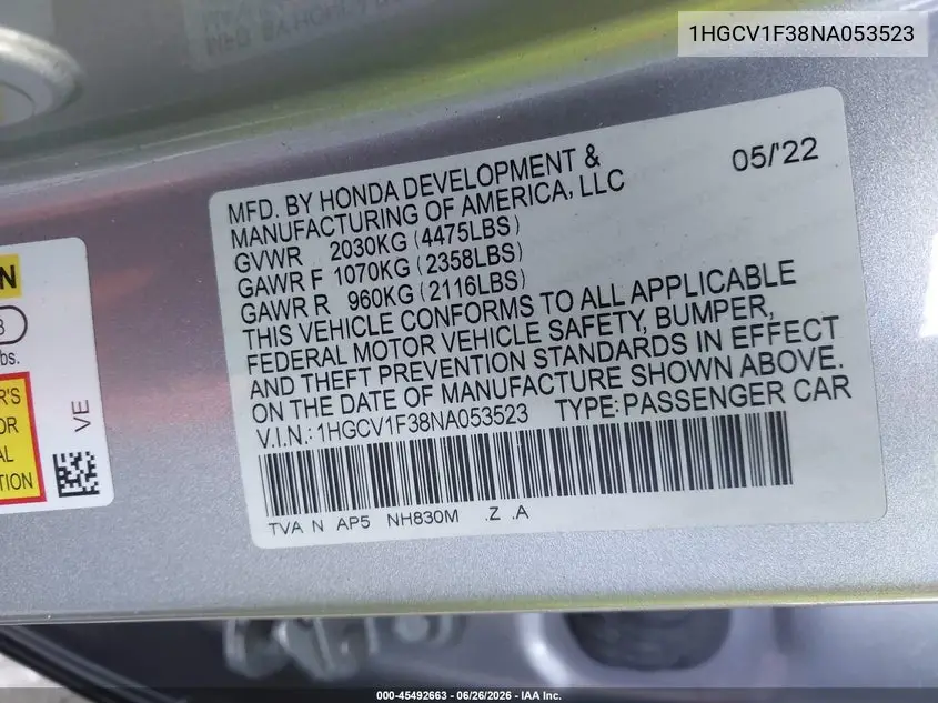 2022 Honda Accord Sport VIN: 1HGCV1F38NA053523 Lot: 45492663