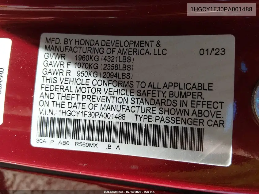 2023 Honda Accord Ex VIN: 1HGCY1F30PA001488 Lot: 45598235