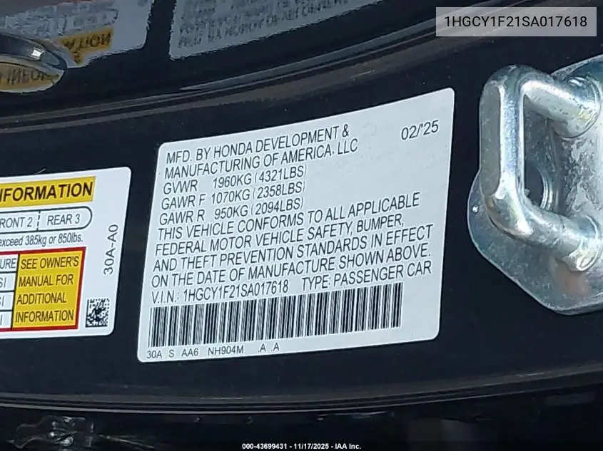 1HGCY1F21SA017618 2025 Honda Accord Lx