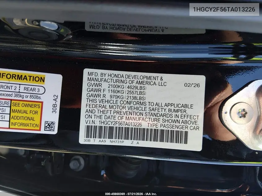 2026 Honda Accord Hybrid Sport VIN: 1HGCY2F56TA013226 Lot: 45668369