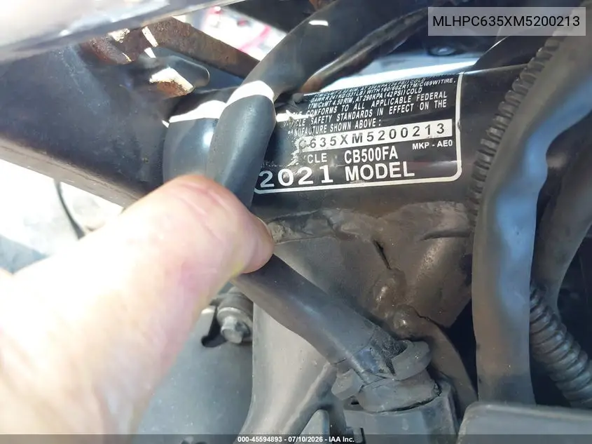 2021 Honda Cb500 Fa VIN: MLHPC635XM5200213 Lot: 45594893