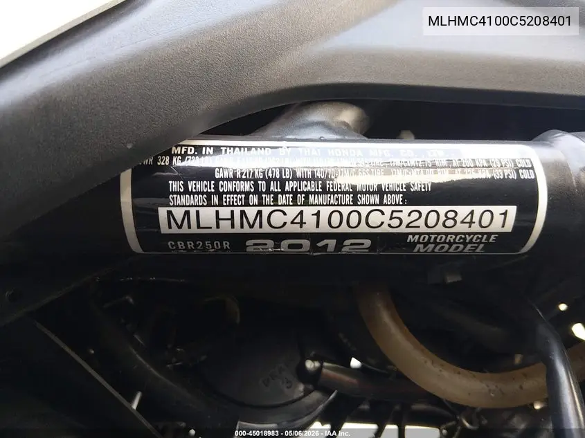 2012 Honda Cbr250 R VIN: MLHMC4100C5208401 Lot: 45018983