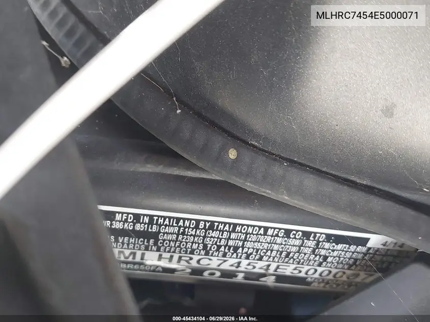 2014 Honda Cbr650 Fa VIN: MLHRC7454E5000071 Lot: 45434104