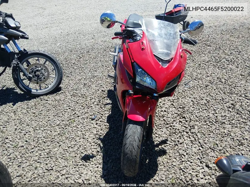 2015 Honda Cbr500 R VIN: MLHPC4465F5200022 Lot: 45402317