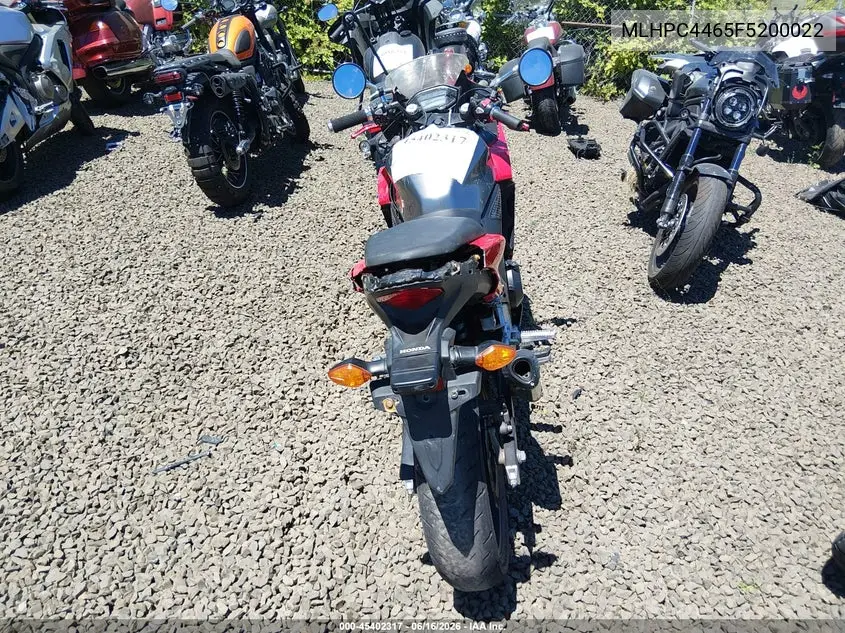 2015 Honda Cbr500 R VIN: MLHPC4465F5200022 Lot: 45402317