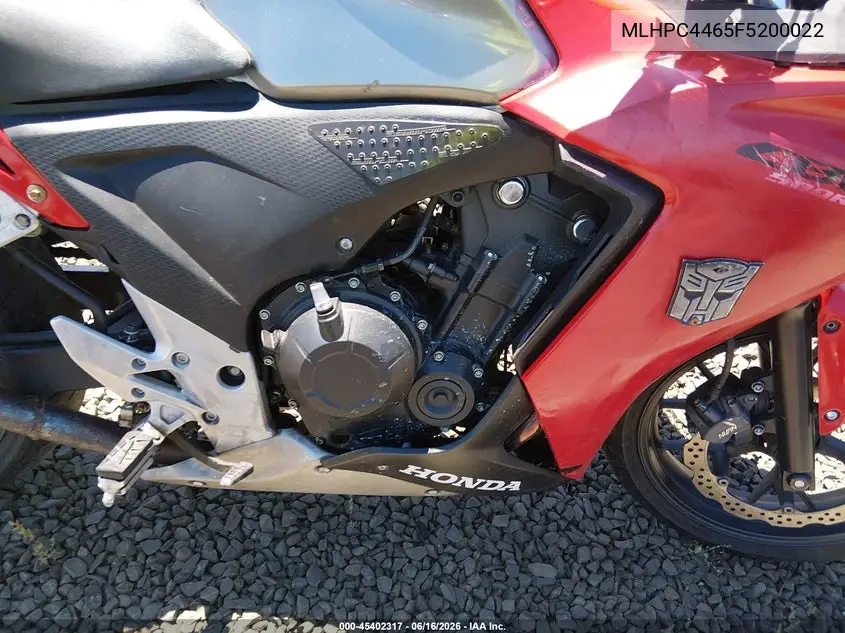 2015 Honda Cbr500 R VIN: MLHPC4465F5200022 Lot: 45402317