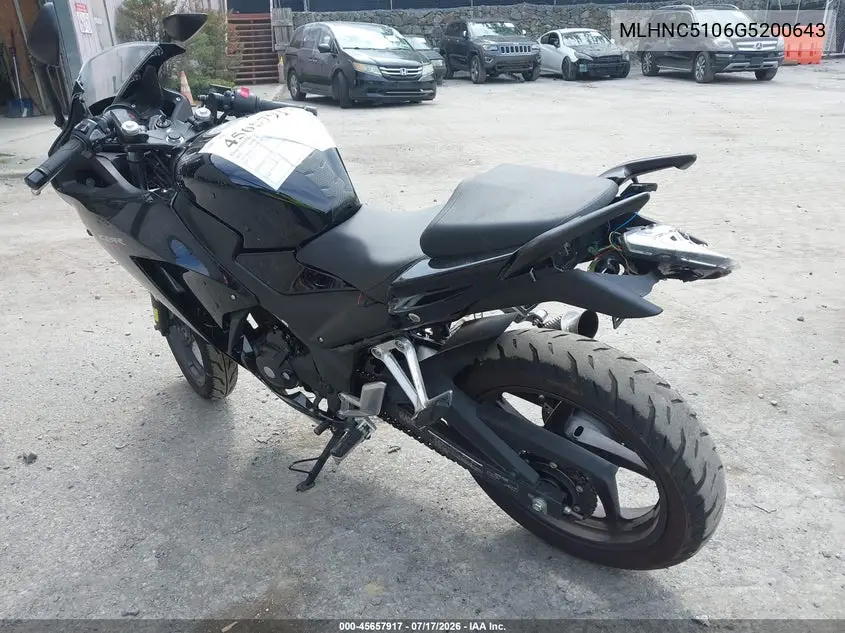 2016 Honda Cbr300 R VIN: MLHNC5106G5200643 Lot: 45657917