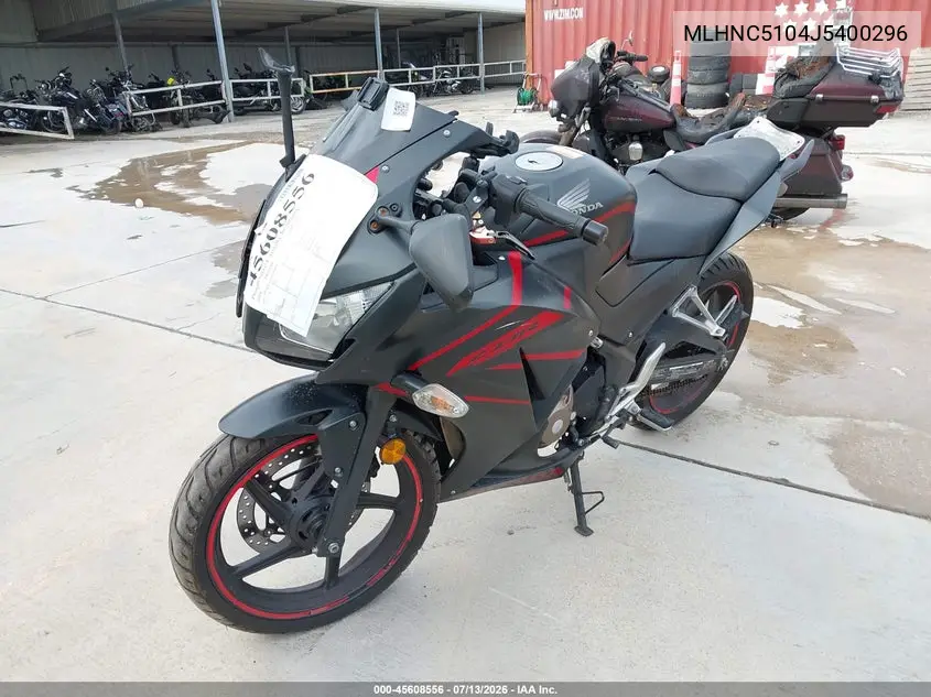 2018 Honda Cbr300 R VIN: MLHNC5104J5400296 Lot: 45608556
