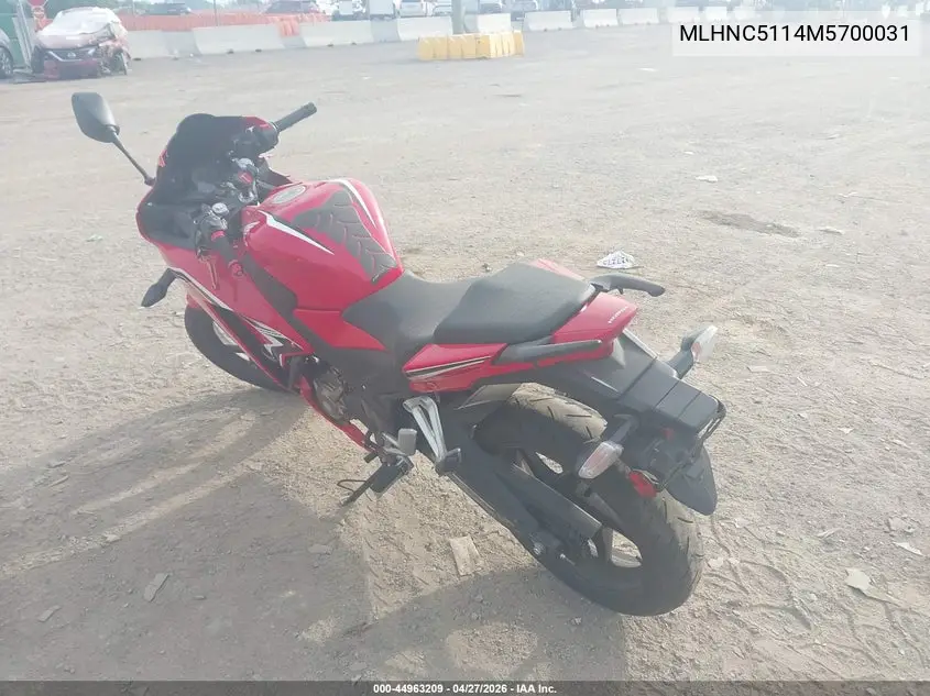 2021 Honda Cbr300 R VIN: MLHNC5114M5700031 Lot: 44963209