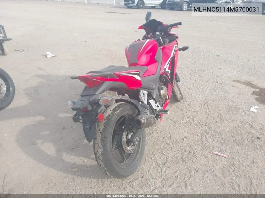 2021 Honda Cbr300 R VIN: MLHNC5114M5700031 Lot: 44963209