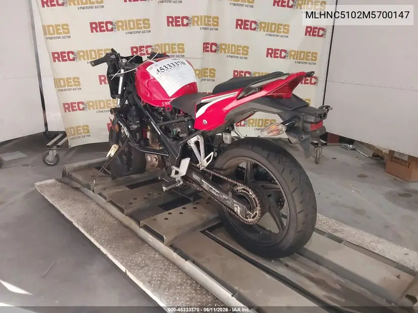 2021 Honda Cbr300 R VIN: MLHNC5102M5700147 Lot: 45333370