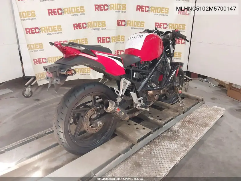 2021 Honda Cbr300 R VIN: MLHNC5102M5700147 Lot: 45333370
