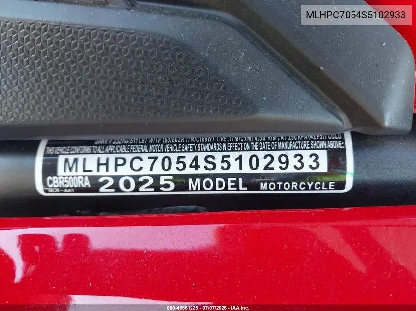 2025 Honda Cbr500 Ra VIN: MLHPC7054S5102933 Lot: 45561225