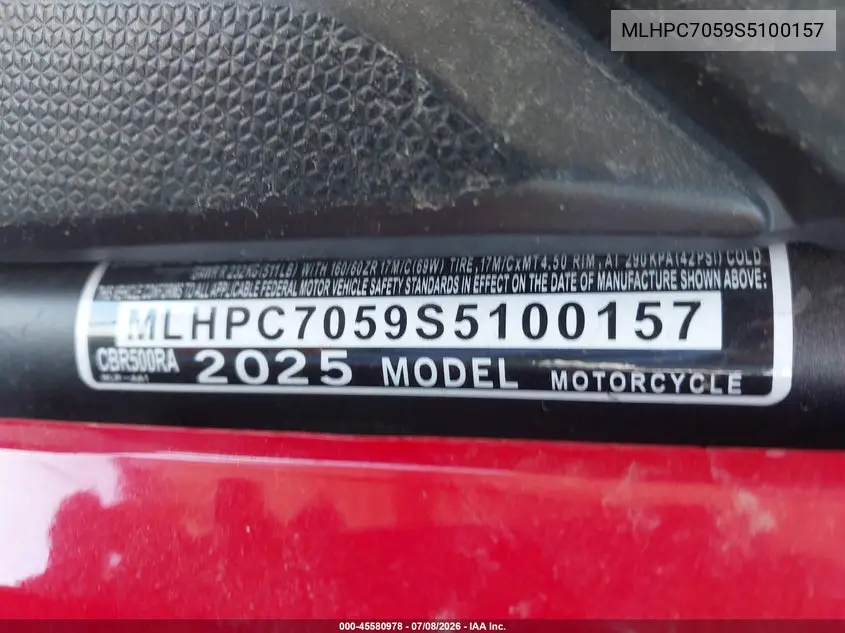 2025 Honda Cbr500 Ra VIN: MLHPC7059S5100157 Lot: 45580978