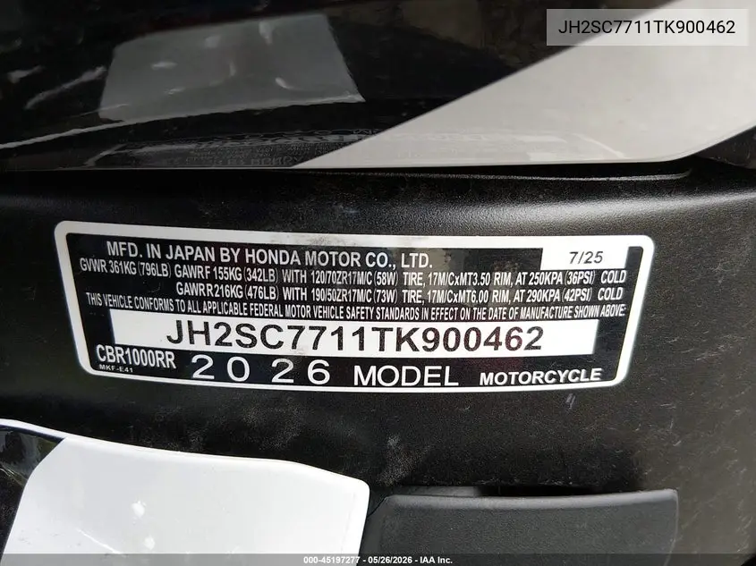 2026 Honda Cbr1000 Rr VIN: JH2SC7711TK900462 Lot: 45197277