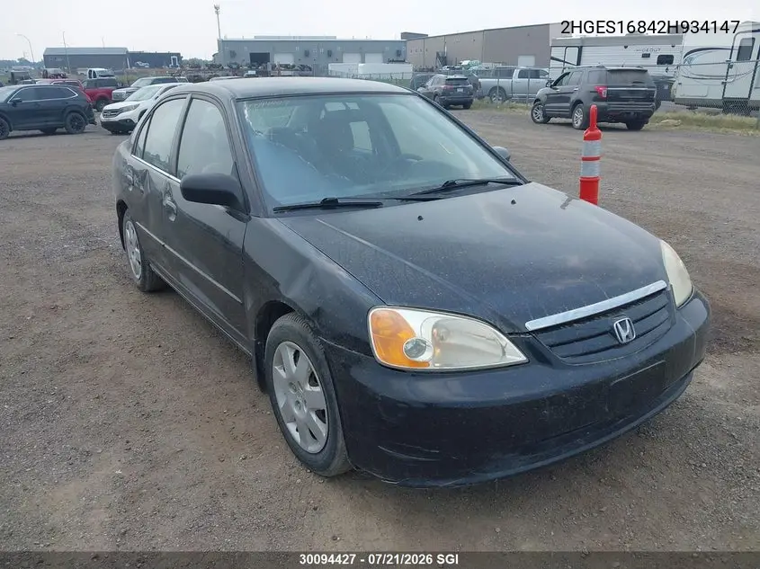2002 Honda Civic Lx VIN: 2HGES16842H934147 Lot: 30094427