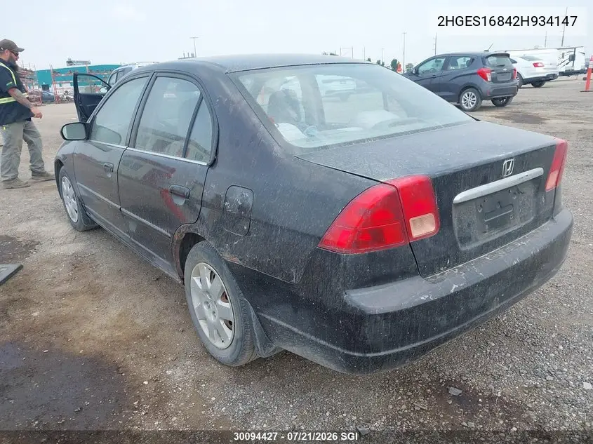 2002 Honda Civic Lx VIN: 2HGES16842H934147 Lot: 30094427