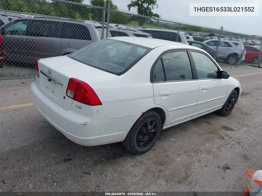 2003 Honda Civic Lx VIN: 1HGES16533L021552 Lot: 45245879