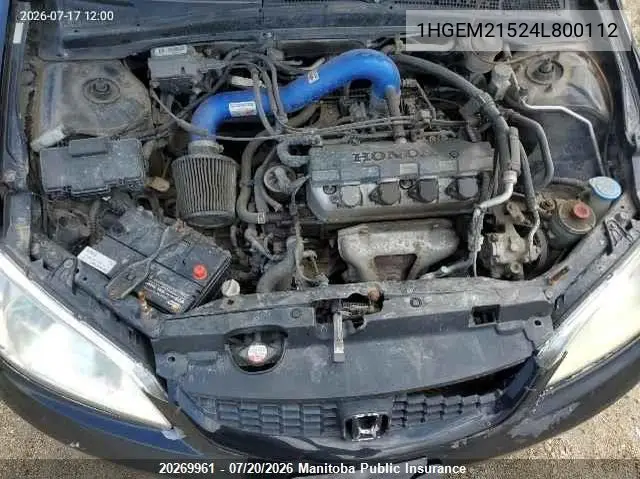 2004 Honda Civic Lx VIN: 1HGEM21524L800112 Lot: 20269961