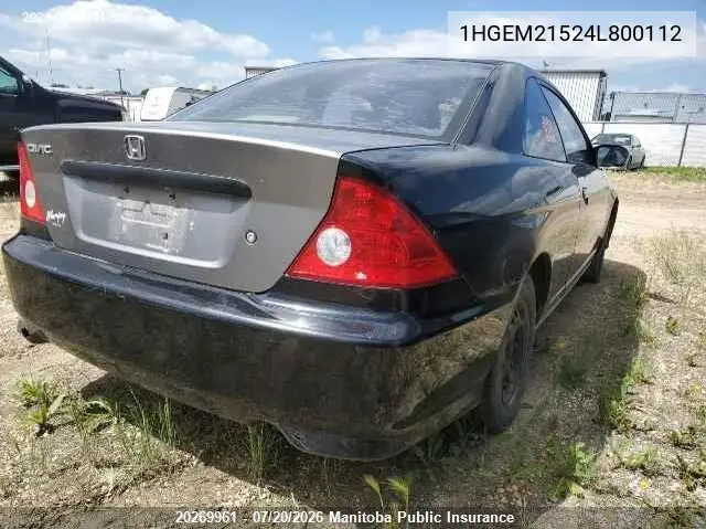 2004 Honda Civic Lx VIN: 1HGEM21524L800112 Lot: 20269961