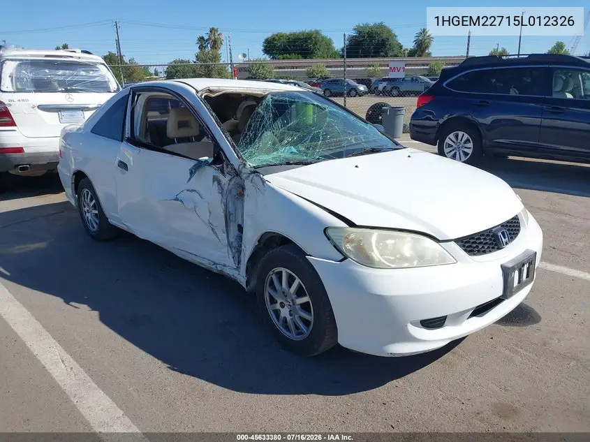 2005 Honda Civic Hx VIN: 1HGEM22715L012326 Lot: 45633380