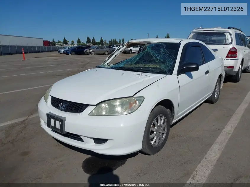 2005 Honda Civic Hx VIN: 1HGEM22715L012326 Lot: 45633380