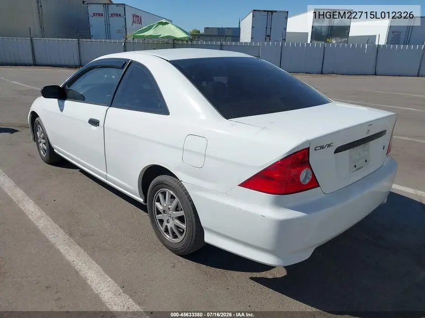 2005 Honda Civic Hx VIN: 1HGEM22715L012326 Lot: 45633380