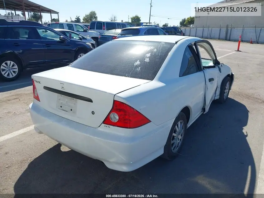 2005 Honda Civic Hx VIN: 1HGEM22715L012326 Lot: 45633380