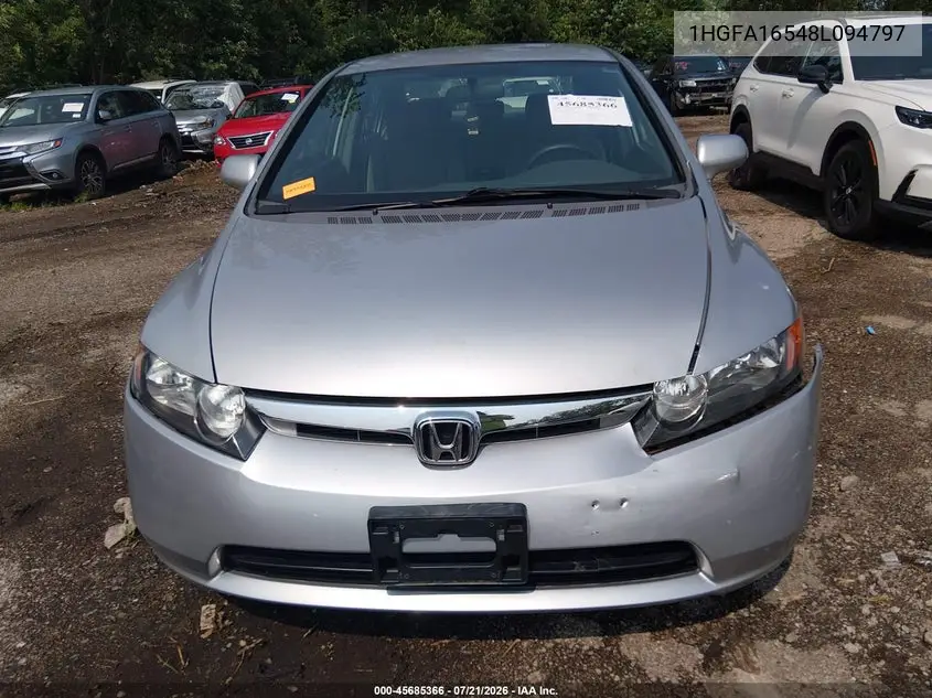 2008 Honda Civic Lx VIN: 1HGFA16548L094797 Lot: 45685366