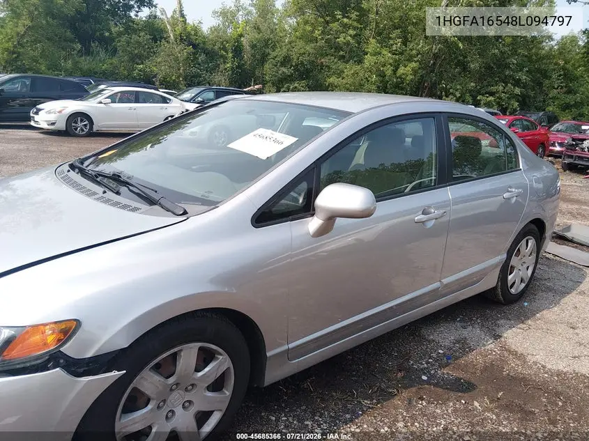 2008 Honda Civic Lx VIN: 1HGFA16548L094797 Lot: 45685366