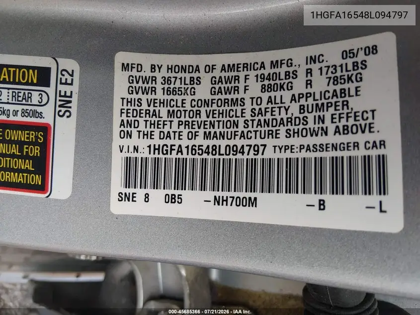 2008 Honda Civic Lx VIN: 1HGFA16548L094797 Lot: 45685366
