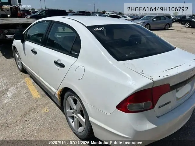 2009 Honda Civic Dx-G VIN: 2HGFA16449H106792 Lot: 20267915
