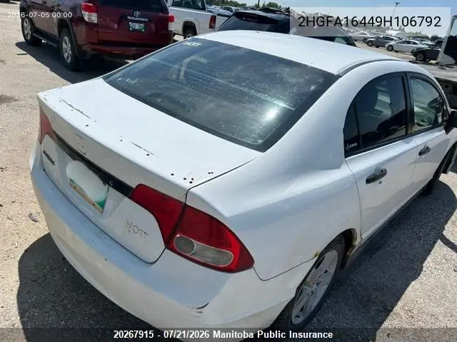 2009 Honda Civic Dx-G VIN: 2HGFA16449H106792 Lot: 20267915